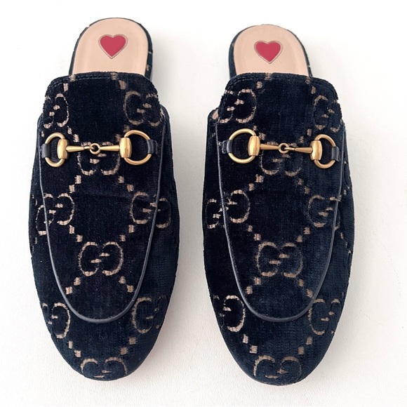GUCCI | Navy GG Monogram Velvet Princetown Mules Horsebit Loafers Slip On 37.5 - Picture 2 of 9